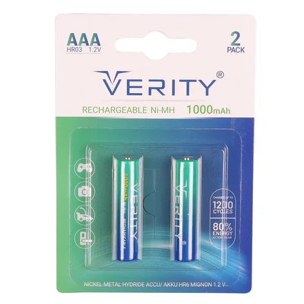 باتری نیم قلمی قابل شارژ وریتی مدل 1000mAh بسته دو عددی Verity Rechargeable AAA Battery (1000mAh) – 2-Pack