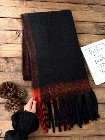 بیگ اسکارف پشمی مشکی حاشیه نارنجی کد ۴۰۰