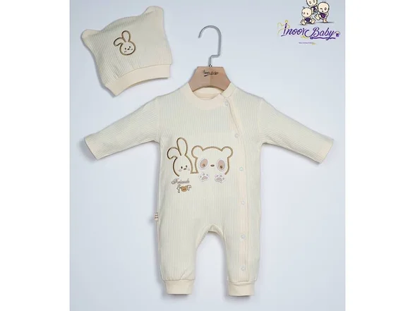 سرهمی کبریتی نوزادی کلاه دار رنگ کرم روشن طرح خرگوش و خرس