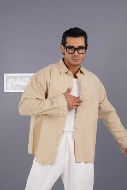 پیراهن مردانه لینن آستین بلند ساده 601631