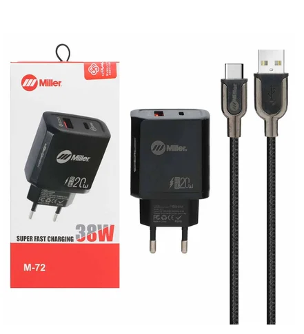 شارژر دیواری میلر 38 وات مدل M-72 با کابل شارژ تایپ سی (دو پورت )