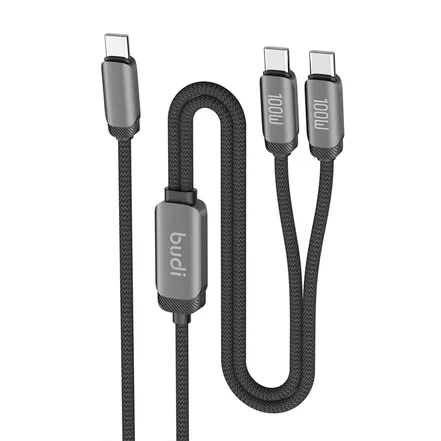 کابل فست شارژ USB-C به دو USB-C بودی مدل Budi DC266TTT12B توان 100 وات طول 1.2 متر - مشکی