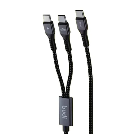 کابل شارژ کنفی یک به دو ‌USB-C به ‌USB-C بودی مدل Budi DC210C2C12B توان 65 وات طول 1.2 متر - مشکی