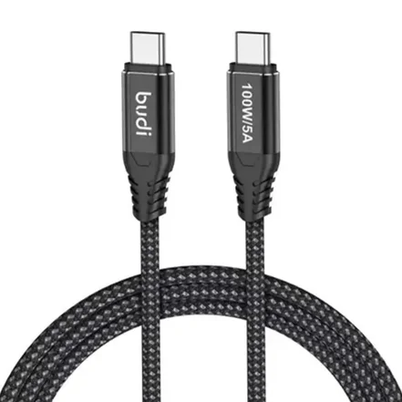 کابل شارژ کنفی ‌USB-C به ‌USB-C بودی مدل Budi DC220TT15B توان 100 وات طول 1.5 متر - مشکی