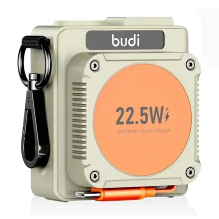 پاوربانک بودی 10000 میلی آمپر 22.5 وات مدل Budi PB815H دارای کابل USB-C متصل - بژ