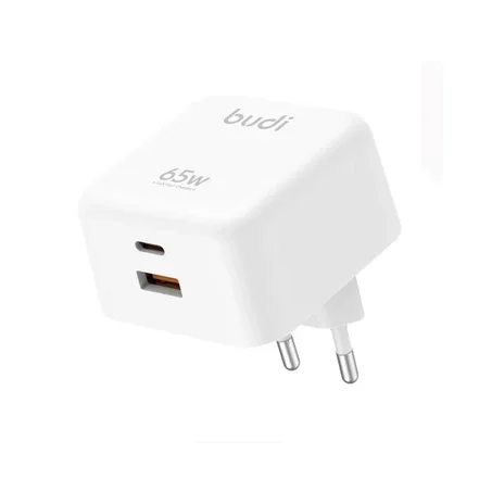 شارژر دیواری 65 وات بودی مدل Budi AC320EW دو پین با یک خروجی USB و یک خروجی USB-C - سفید