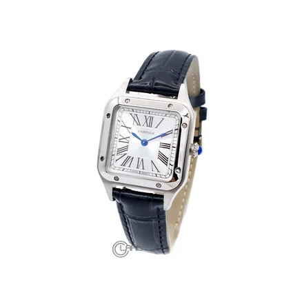 <em>ساعت</em> مچی کارتیه CARTIER سانتوس دومونت <em>زنانه</em> قاب سیلور بند چرم مشکی سایز اسمال
