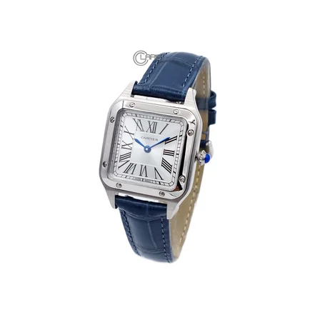 <em>ساعت</em> مچی کارتیه CARTIER سانتوس دومونت <em>زنانه</em> قاب سیلور بند چرم سرمه ای سایز اسمال