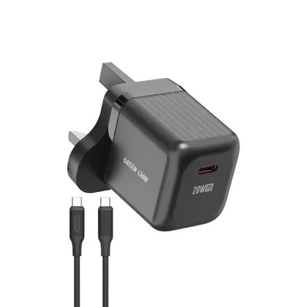 آداپتور شارژر با کابل تایپ سی به سی گرین لاین  Green Lion Ultra Compact GaN Wall Charger UK Pin USB-C 20W with C to C