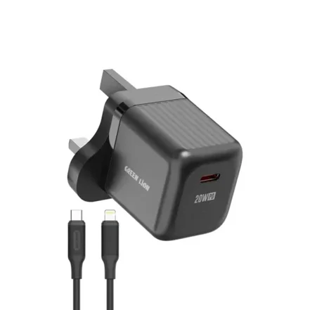 آداپتور شارژر با کابل تایپ سی به لایتنینگ گرین لاین Green Lion Ultra Compact GaN Wall Charger UK Pin USB-C 20W with C to L