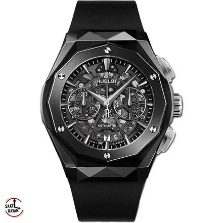 ساعت مچی هابلوت مردانه مدل هشت ضلعی بند مشکی قاب مشکی صفحه اسکلتون HUBLOT