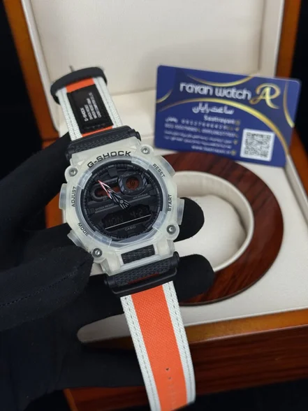 <em>ساعت</em> مچی <em>مردانه</em> کاسیو جی شاک سفید نارنجی Casio G-shock GA-900