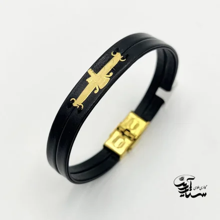 دستبند چرم و طلا فروهر مردانه کد 1002