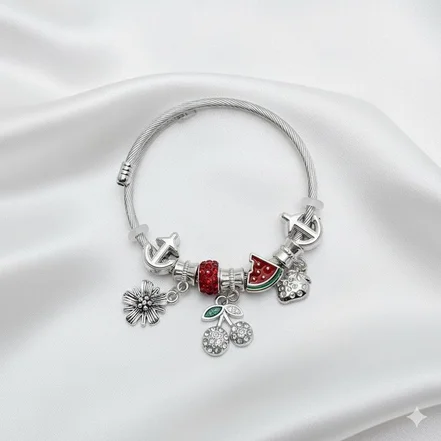 دستبند بنگل استیل طرح «پاندورا تابستونی» | با آویز هندوانه و گیلاس (قرمز)