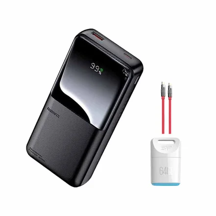 پاوربانک ریمکس مدل RPP-680 ظرفیت 20000 میلی آمپر ساعت + فلش مموری سیلیکون پاور مدل Touch T06 64GB+کابل ریمکس مدل Wefon RC-C055 کد (VAL003)
