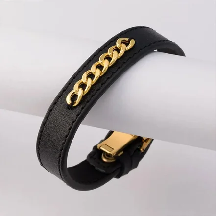 دستبند طلا 18عیار مردانه طرح کارتیه چرمی ساده کد B036391